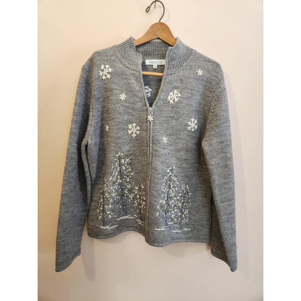 Vintage Coldwater Creek Gray Winter Snowflake Embroidered Wool Blend‎ Sweater M